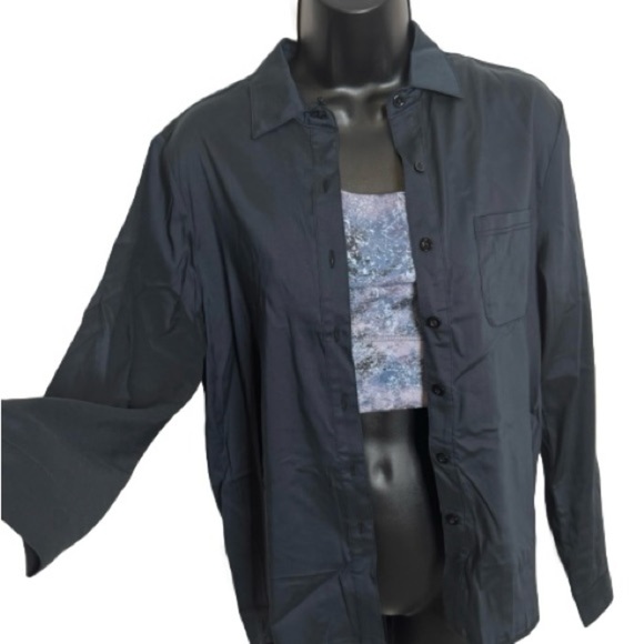 Define Your Inspiration-Women's Blue Button Down Split back Top - Picture 5 of 5